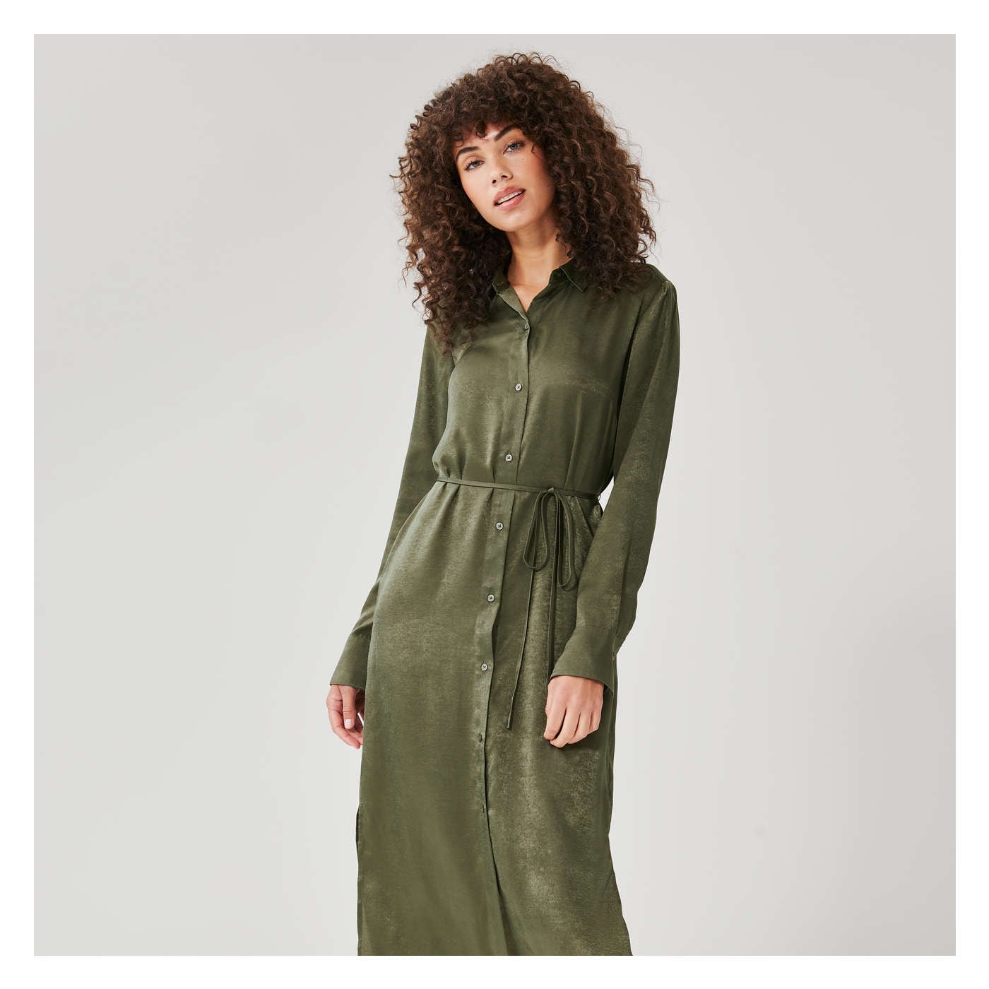 Satin Shirt Dress in Army Green from Joe Fresh